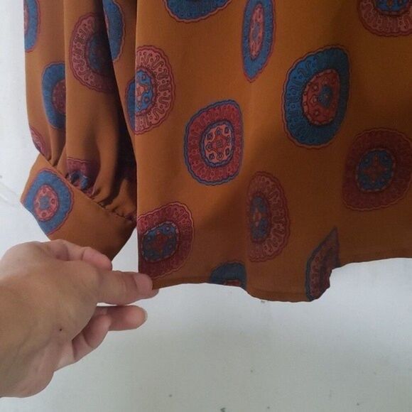 FOXCROFT Women's VINTAGE 70's Academia Mustard Bold Print Button Top Medium - Picture 5 of 9